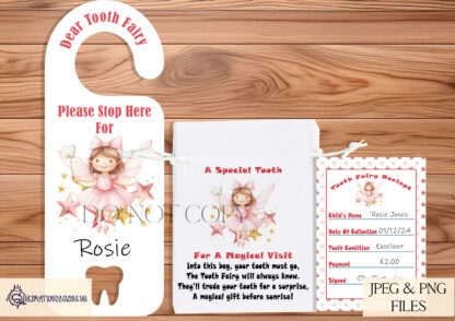 Tooth Fairy Gift Set featuring boy and girl designs, door hanger templates, matching bags, and Tooth Fairy receipts. Ideal for keepsakes and personalised gifts.