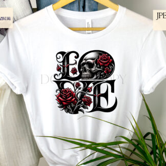 Gothic LOVE Design featuring the word "LOVE" in gothic-style font, with the "O" as a skull surrounded by red roses.