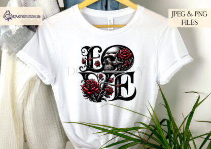 Gothic LOVE Design featuring the word "LOVE" in gothic-style font, with the "O" as a skull surrounded by red roses.