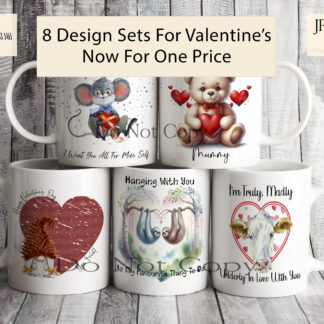 Valentine's Day Destash Bundle featuring 8 design sets including animals, comedy, teddy bears, and gonk gnomes. Perfect for sublimation and crafting.