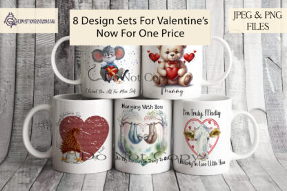 Valentine's Day Destash Bundle featuring 8 design sets including animals, comedy, teddy bears, and gonk gnomes. Perfect for sublimation and crafting.