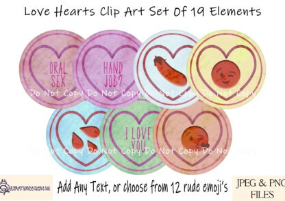 Sweet Hearts Clip Art Set featuring 19 candy-inspired designs, including 7 textless hearts and 12 adult humour emoji-themed hearts.