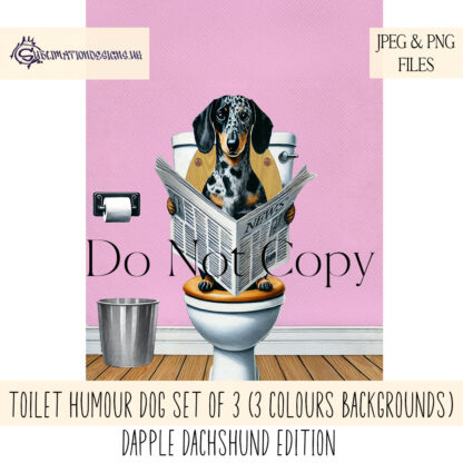 Toilet Humour Dogs – Dapple Dachshund Edition featuring a Dachshund sitting on a toilet with newspaper, with white, blue, and pink textured backgrounds.