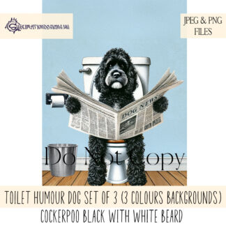 Toilet Humour Dogs – Black Cockerpoo Edition featuring a Cockerpoo sitting on a toilet with newspaper, with white, blue, and pink textured backgrounds.