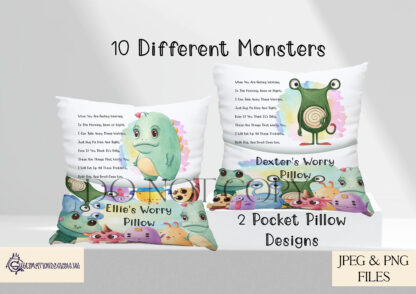 Worry Monster Cushions Designs Set featuring 10 unique monsters with a self-written verse, perfect for pocket pillows and cushions.