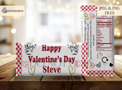 Valentine’s Day Chocolate Bar Wrapper Design Set featuring 6 designs in 2 colour options with textless, “Happy Valentine’s Day,” and “Will You Be My Valentine?” wording.