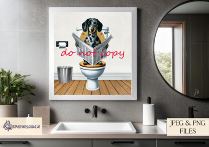 Toilet Humour Dogs – Dapple Dachshund Edition featuring a Dachshund sitting on a toilet with newspaper, with white, blue, and pink textured backgrounds.