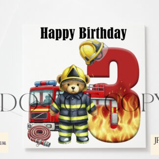 Firefighter Teddy Bear Birthday Numbers Set featuring numbers 1 to 9 with teddy bear artwork and fire-effect text options. Perfect for personalised birthday gifts.