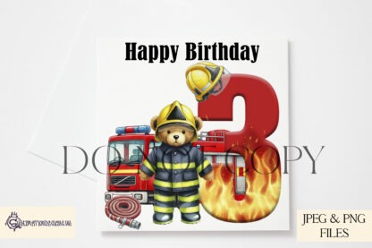 Firefighter Teddy Bear Birthday Numbers Set featuring numbers 1 to 9 with teddy bear artwork and fire-effect text options. Perfect for personalised birthday gifts.