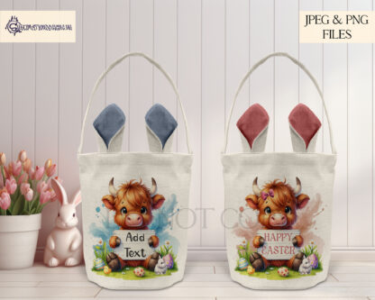 Easter Cute Highland Cow Design Set featuring a Highland cow holding a wooden sign with Easter greetings in pink and blue colour themes.