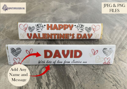 Valentine’s Day Toblerone Wrapper Design Set featuring 6 pre-made romantic designs and PSD templates for customisation.