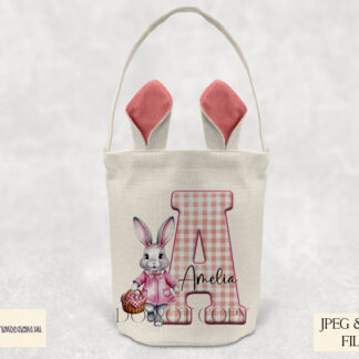 Cute Gingham Pattern Easter Alphabet Set – Pink Edition featuring a girl bunny in pink gingham fabric paired with alphabet letters for Easter crafting projects.