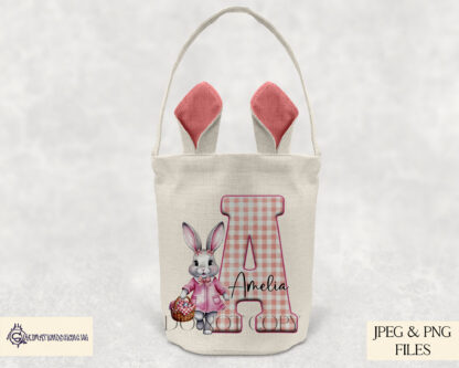 Cute Gingham Pattern Easter Alphabet Set – Pink Edition featuring a girl bunny in pink gingham fabric paired with alphabet letters for Easter crafting projects.