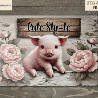 Vintage farmyard piglet design set featuring rustic-themed illustrations and farmhouse-inspired phrases, perfect for chopping boards, tumblers, and kitchen décor.