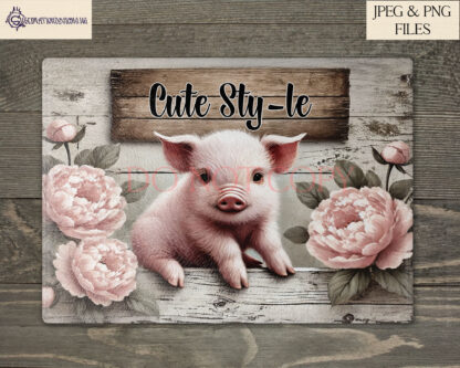 Vintage farmyard piglet design set featuring rustic-themed illustrations and farmhouse-inspired phrases, perfect for chopping boards, tumblers, and kitchen décor.