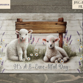 Vintage farmyard lambs design set featuring two lambs in rustic-themed illustrations with farmhouse-inspired phrases, perfect for chopping boards, cushions, and kitchen décor.