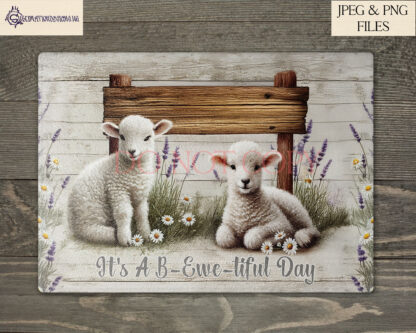 Vintage farmyard lambs design set featuring two lambs in rustic-themed illustrations with farmhouse-inspired phrases, perfect for chopping boards, cushions, and kitchen décor.