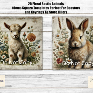 Vintage farmyard animal design set featuring 25 rustic animal illustrations, perfect for sublimation on keyrings, coasters, and small craft projects.