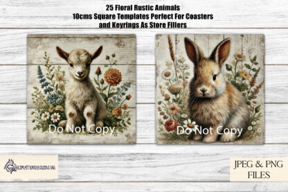 Vintage farmyard animal design set featuring 25 rustic animal illustrations, perfect for sublimation on keyrings, coasters, and small craft projects.