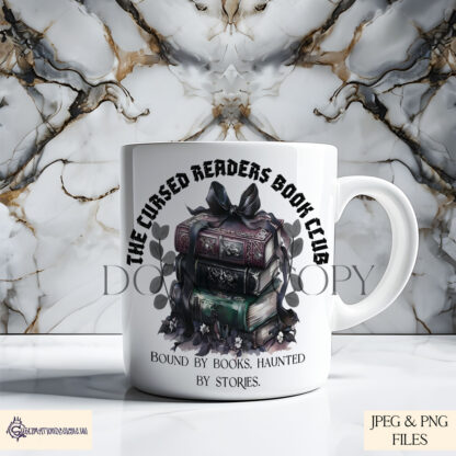 Gothic Bookaholic Design Set featuring a stack of gothic books wrapped in eerie ribbons and leaves, perfect for sublimation on bookmarks, tote bags, and mugs.