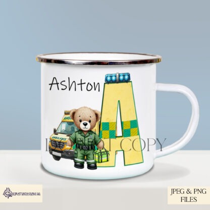 Paramedic Teddy Bear Alphabet Design Set featuring ambulance-themed letters with a paramedic teddy bear and ambulance illustration.