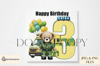 Paramedic Teddy Bear Birthday Numbers Design Set featuring numbers 1 to 9 with paramedic teddy bear setup, hair bows, and balloon options.