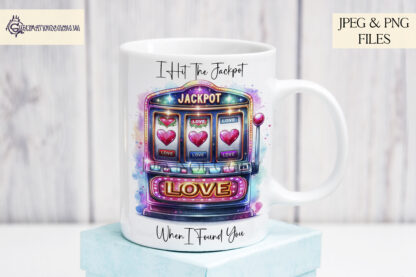 Jackpot in Love Design Set featuring two slot machine-themed designs: one vibrant textless design and one with a customisable photo slot.