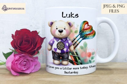 Love for Darts Teddy Bear Design Set featuring a teddy bear dart player with love-themed quotes and a textless version.