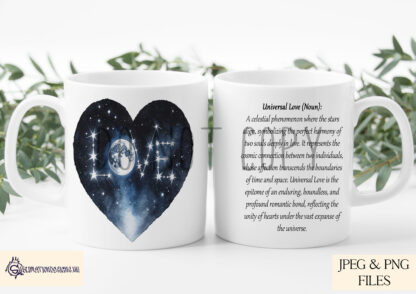 Celestial Universal Love Design Set featuring a heart-shaped moonlit sky with textless, romantic worded, and mug wrap designs.