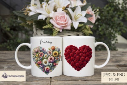 Blooming Love Design Set featuring floral hearts, "LOVE" lettering, and upside-down hearts with romantic wording.