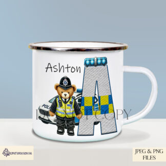 Police Officer Teddy Bear Alphabet Design Set featuring 26 A-Z letters with a teddy bear in police uniform and police car. Ideal for kids' gifts and sublimation projects.