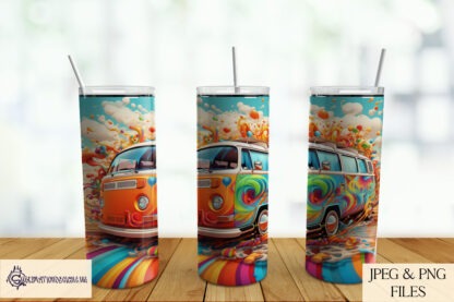 Camper Van Sublimation Design Set featuring 11 vibrant designs with dynamic paint splash backgrounds and a transparent option.