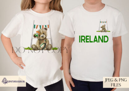 Seated Teddy Bear 6 Nations Rugby Design – Republic of Ireland Edition featuring a teddy bear holding a rugby ball under rugby posts with Republic of Ireland flag bunting and an optional flag hair bow.