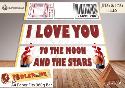 Valentine’s Day Toblerone Wrapper Design Set featuring 4 designs, including a simple “I Love You” and comedy themes with gnomes, cows, and moon artwork.