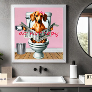 Toilet Humour Dog Design featuring a tan Dachshund sitting on a toilet reading a newspaper with white, blue, and pink background options.