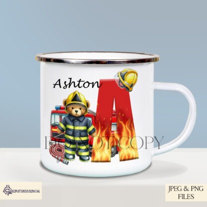 Firefighter Teddy Bear Alphabet Design Set featuring 26 A-Z letters with flame designs, a fire engine, firefighter bear, and hose. Perfect for kids’ apparel and gifts.