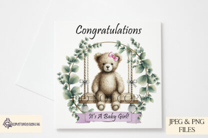 Teddy Bear Swing Wreath Design Set featuring a teddy bear on a swing inside a eucalyptus wreath in green, blue, and pink colour variations.