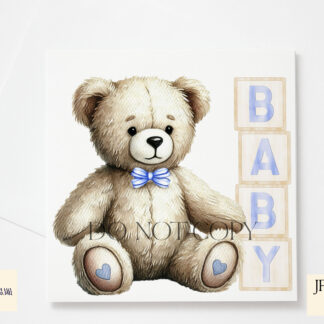 Baby Boy Teddy Bear Design featuring a seated teddy bear next to wooden blocks spelling "Baby" and "2025," with and without a bow tie.