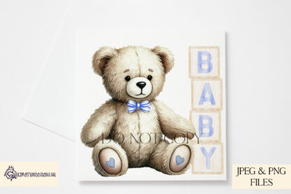 Baby Boy Teddy Bear Design featuring a seated teddy bear next to wooden blocks spelling "Baby" and "2025," with and without a bow tie.