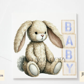 Baby Boy Bunny Design featuring a seated bunny next to wooden blocks spelling "Baby" and "2025," with and without a bow tie.