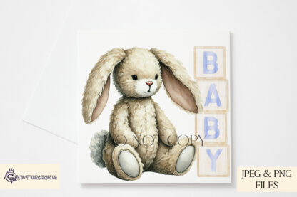 Baby Boy Bunny Design featuring a seated bunny next to wooden blocks spelling "Baby" and "2025," with and without a bow tie.