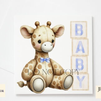 Baby Boy Giraffe Design featuring a seated giraffe next to wooden blocks spelling "Baby" and "2025," with and without a bow tie.