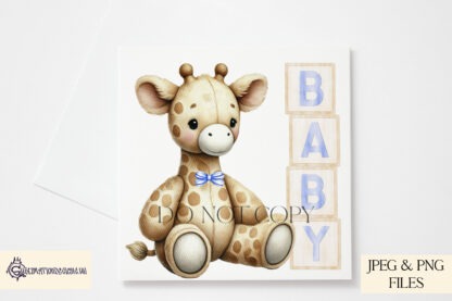 Baby Boy Giraffe Design featuring a seated giraffe next to wooden blocks spelling "Baby" and "2025," with and without a bow tie.