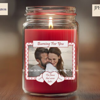 Valentine & Love Candle Label Designs featuring red, neutral, and blue frames with photo space and romantic wording options for glass jar candles.