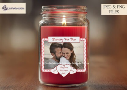 Valentine & Love Candle Label Designs featuring red, neutral, and blue frames with photo space and romantic wording options for glass jar candles.