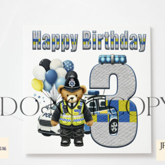 Policeman Bear Birthday Numbers Design Set featuring numbers 1 to 9 with teddy bear artwork, balloons, and festive wording options.