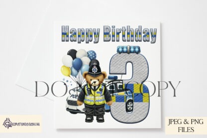 Policeman Bear Birthday Numbers Design Set featuring numbers 1 to 9 with teddy bear artwork, balloons, and festive wording options.