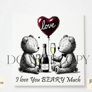 Teddy Bears in Love Doodle Design featuring two bears at a picnic with a heart-shaped balloon and champagne, with black-and-white doodle style and colourful accents.