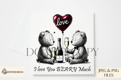 Teddy Bears in Love Doodle Design featuring two bears at a picnic with a heart-shaped balloon and champagne, with black-and-white doodle style and colourful accents.