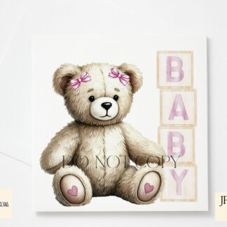 Baby Girl Teddy Bear Design featuring a seated teddy bear next to pink-themed wooden blocks spelling "Baby" and "2025," with and without a bow.